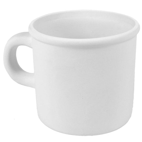 Bisque Tin Mug 14.5cm wide and 10cm tall.