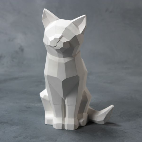 Bisque Faceted Cat 25Cm Tall By 13Cm Long And 16Cm Wide